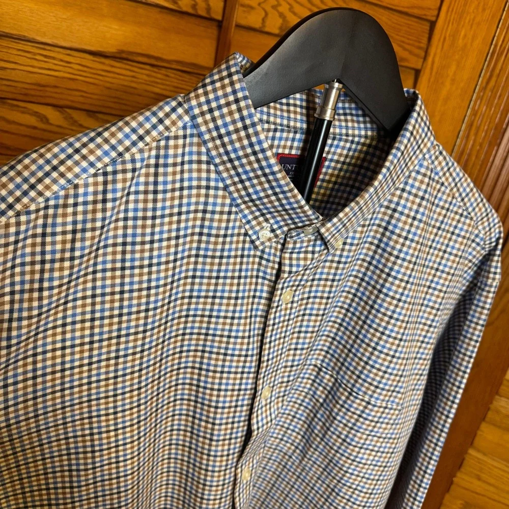 UNTUCKit Mens XXL Relaxed Fit Wrinkle Free Button Down Shirt Blue Brown Check